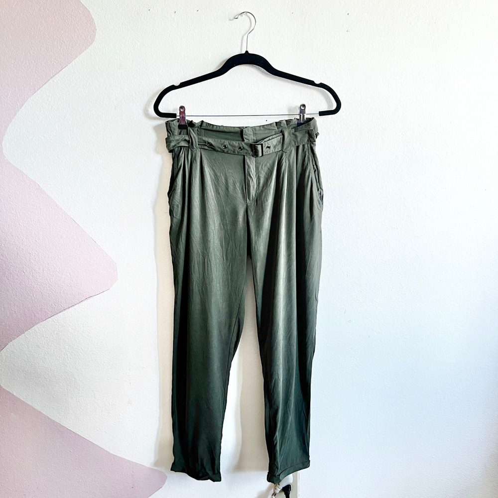 Paige Paperbag Pants Waist Belted High Rise 6 Army Green Workwear Casual‎